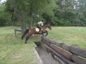 Anna jumping the ditch and wall at Ledyard.